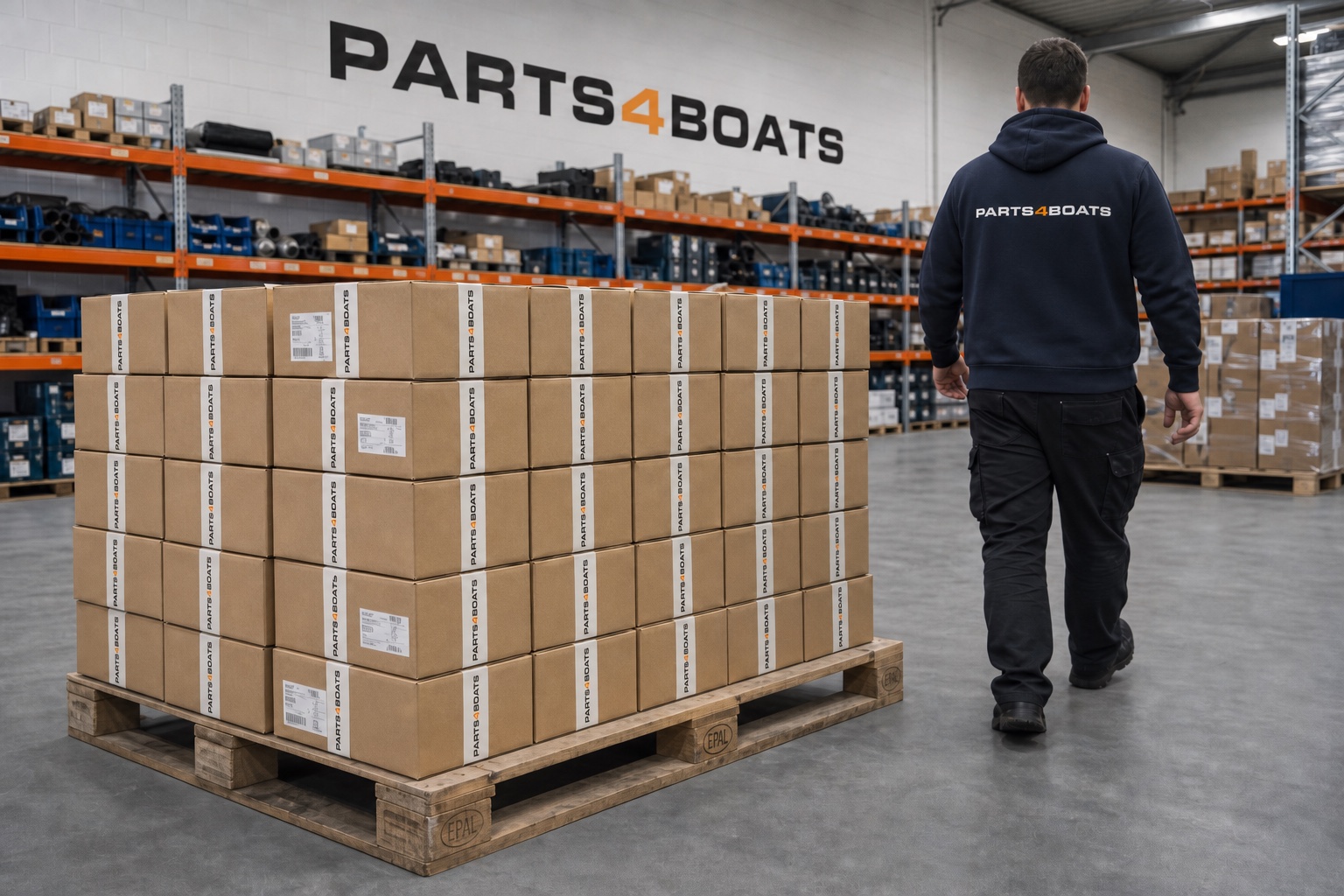 Pacchi pronti per la spedizione nel magazzino Parts4Boats